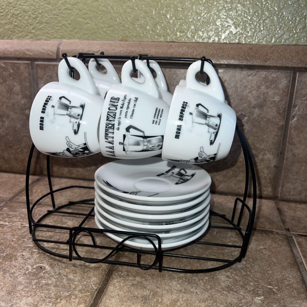 Bialetti Espresso Cups with Saucers Set 5 Coffee Metal Stand Comic Moka Bar